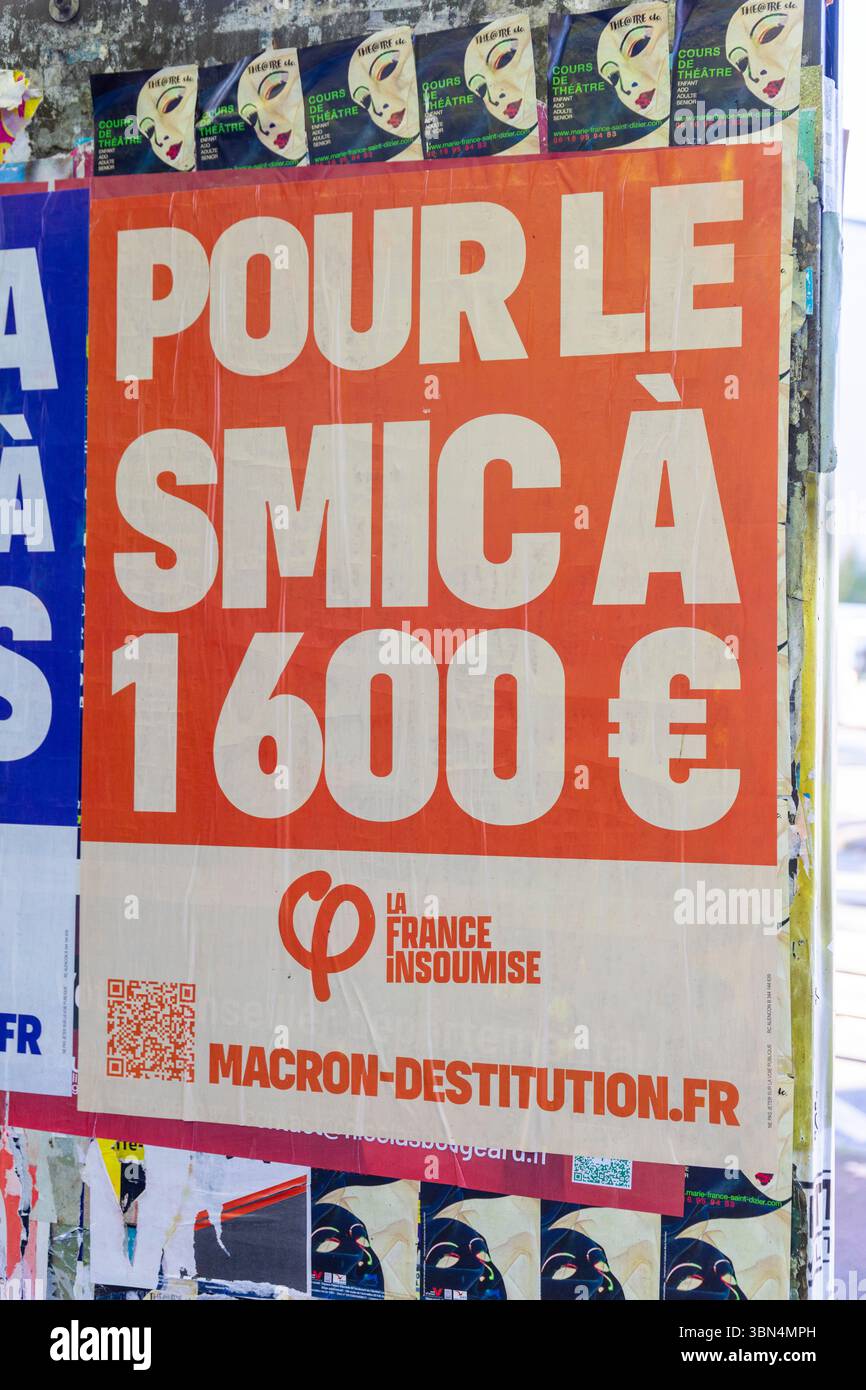Frankreich unterschreibt ein Poster für einen Mindestlohn von 1600 € Stockfoto