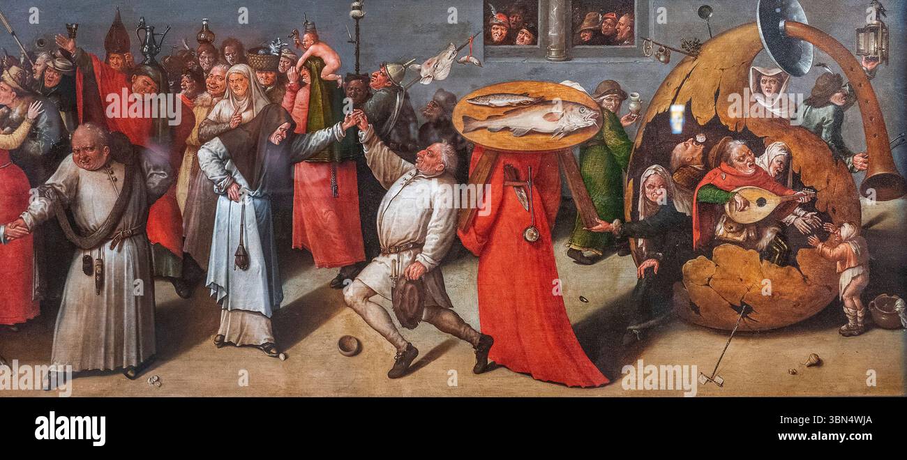 Frankreich. Paris. Louvre Museum. 2024. Ausstellung "Narrenfiguren". Vom Mittelalter bis zu den Romantikern. Öl auf Holz „Kampf von Karneval und Fastenzeit“ Stockfoto