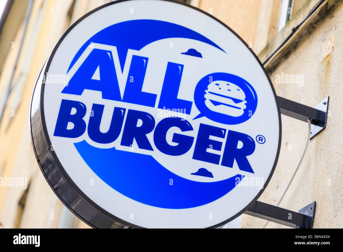 Zeichen . Allo Burger. Burger-Lieferung. Stockfoto