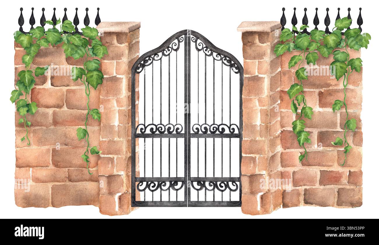 Rote Ziegelmauer mit Säulen, schwarz durchbrochene geschlossene Eisentore mit grünem Efeu, der an der Wand aufsteigt. Gartenclipart. Handgezeichnete Aquarellbilder Stockfoto