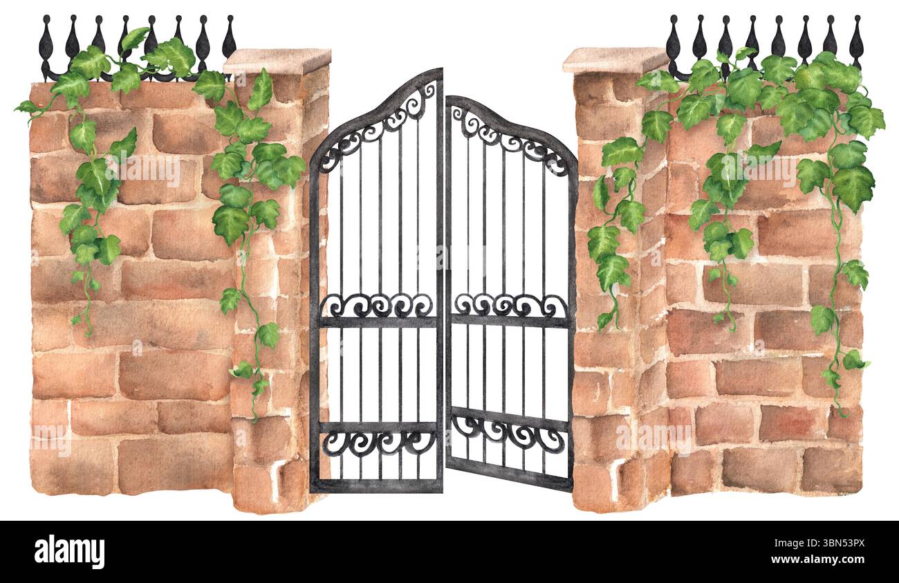 Gemauerte Mauer mit Säulen, schwarze offene Eisentore mit grünem Efeu an der Mauer. Gartenclipart. Handgezeichnete Aquarellbilder für Scrapbooki Stockfoto