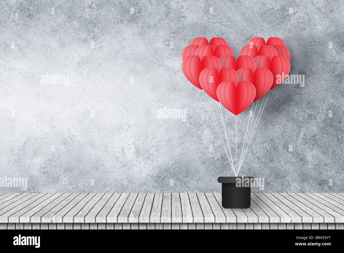 Eine Gruppe roter Herzballons schweben auf einer Zementwand mit Holzboden. Stockfoto