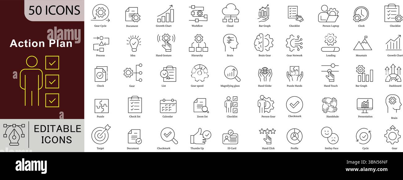 Symbole für Maßnahmenpläne: Ziele, Strategie, Fortschritt und Business Management-Vektoren. Stock Vektor