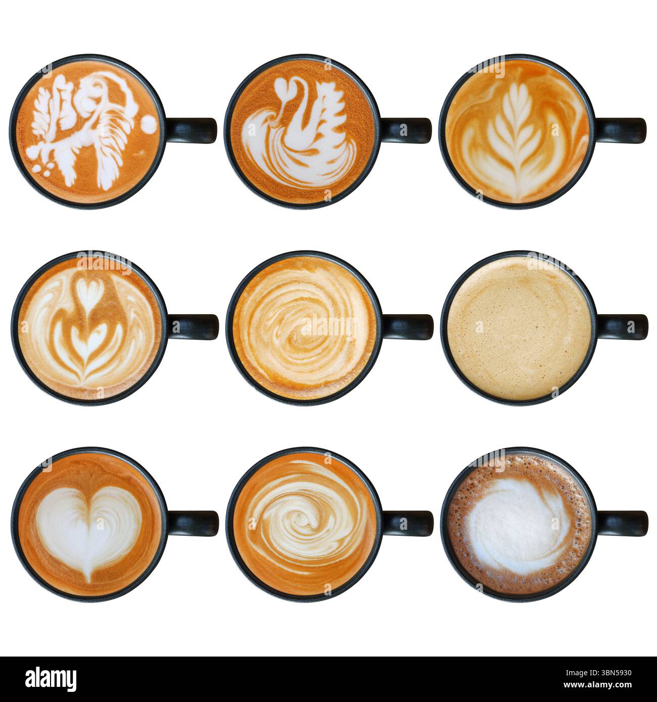 Set aus Latte Art mit schwarzer Tasse isoliert auf weiß. Stockfoto