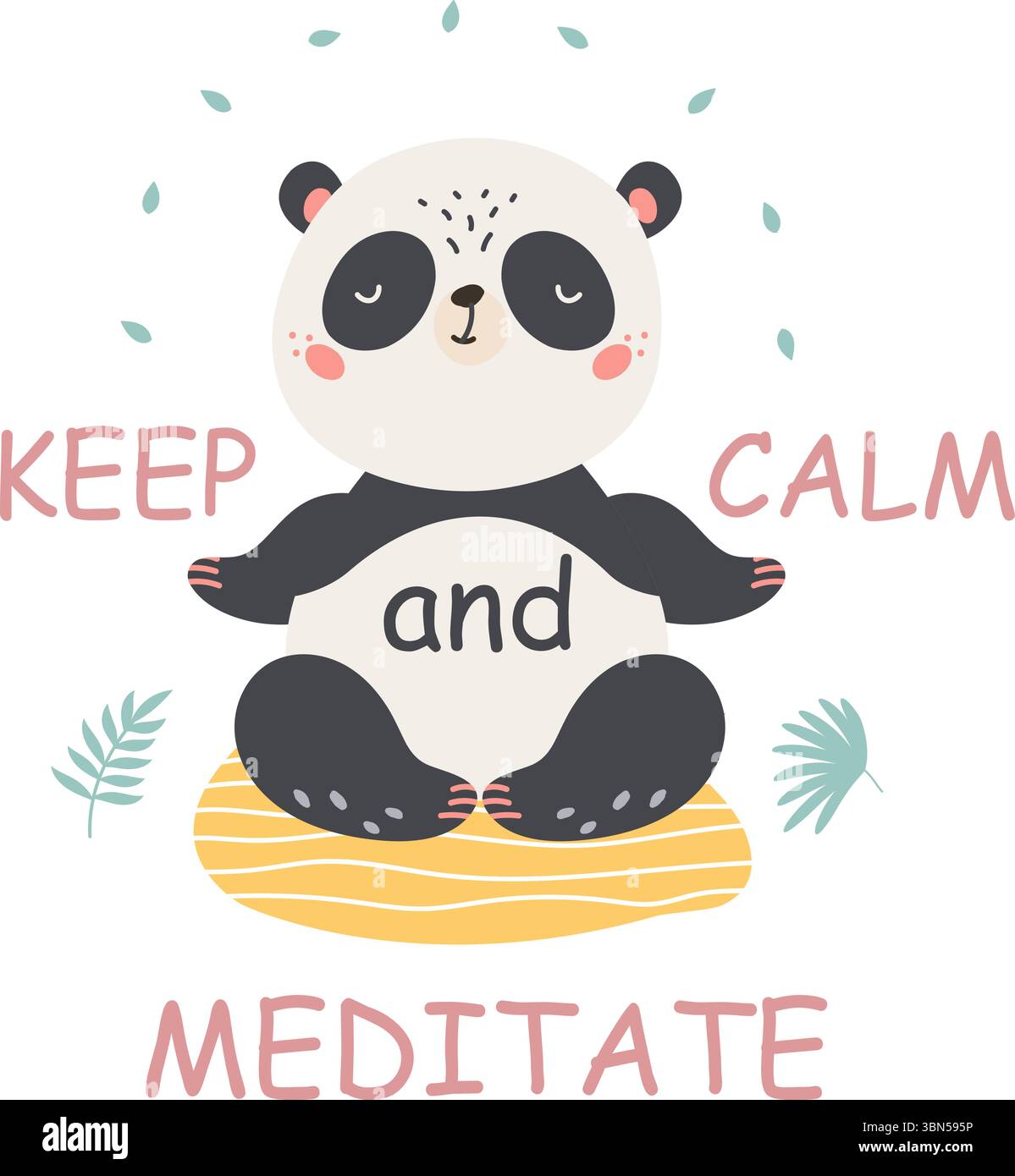 Meditierende Panda-Zeichentrickvorlage. Süßer asiatischer Bär, der auf Yogamatte in Meditationspose sitzt. Bleib ruhig, leise Geist und Entspannung, Vektorkarte Stock Vektor