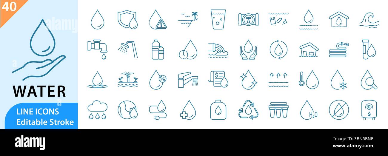 Symbole für dünne Wasserlinien gesetzt. Wassersymbole eingestellt. Wassertropfensymbol. Vektorabbildung. Stock Vektor