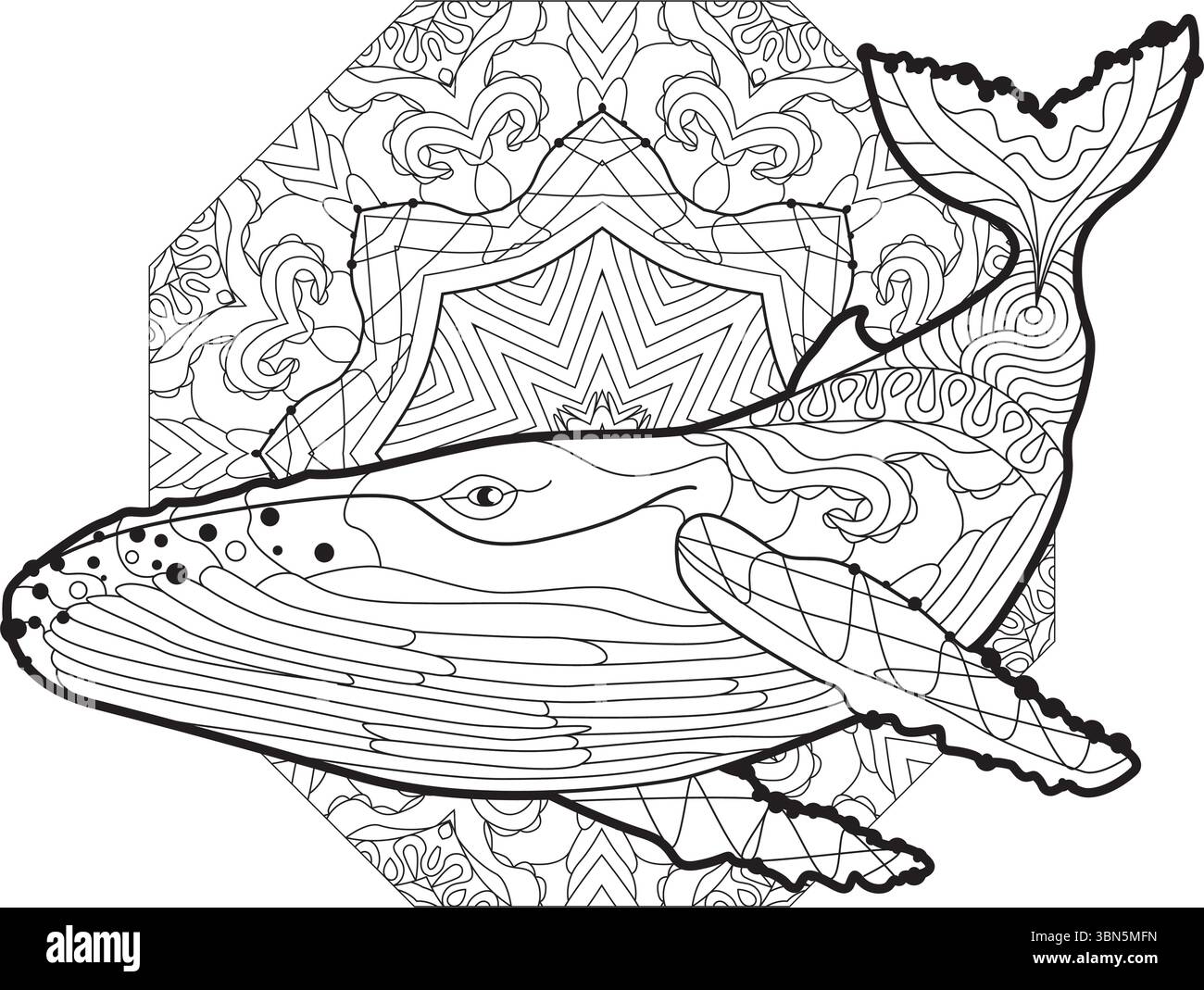 Schwimmender Wal für Anti-Stress-Malseite. Stock Vektor