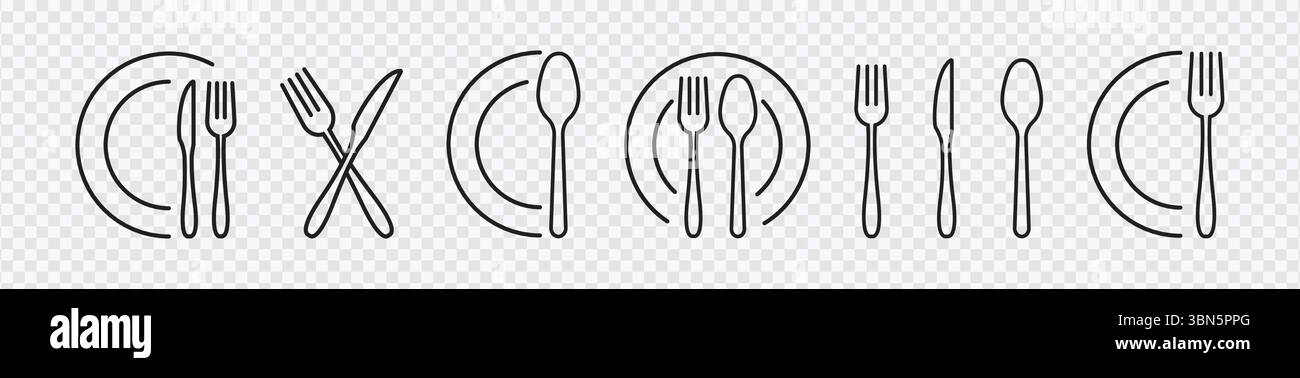 „Tischgeschirr Set Icons – Gabel, Messer, Löffel und Teller Collection für Apps und Websites“ Stock Vektor