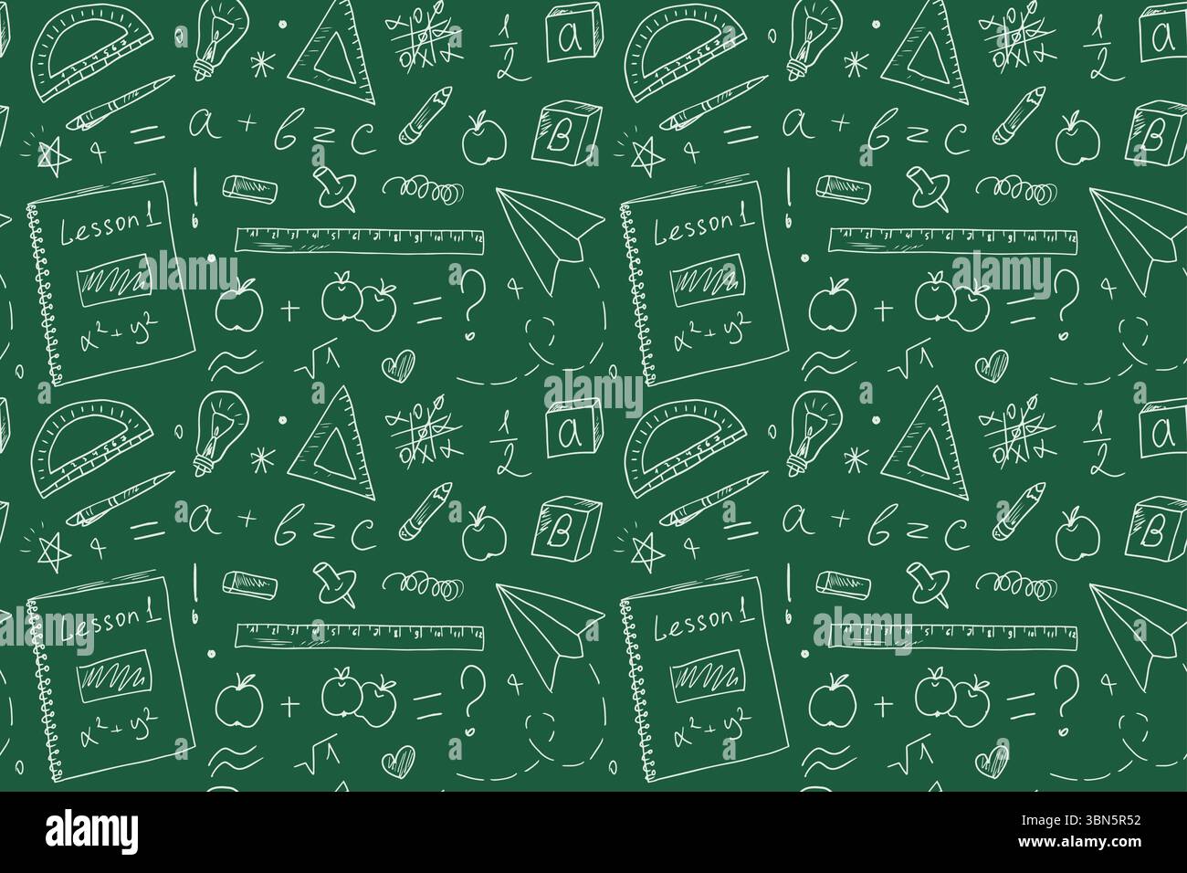 Nahtloses Muster mit Schulzeichnungen auf Tafel Hintergrund. Hintergrund für Schulbuch-Cover, Textilien und Schreibwaren, Back-to-School-Konzept. Schlampige Skizzen in einem Notizbuch Stock Vektor