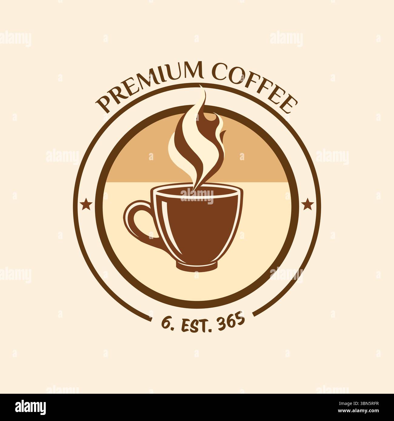 Premium Coffee Shop Branding Design. Ein bezauberndes Logo-Design für einen Coffee Shop mit einer dampfenden Tasse Kaffee in einem Vintage-Stil Stock Vektor
