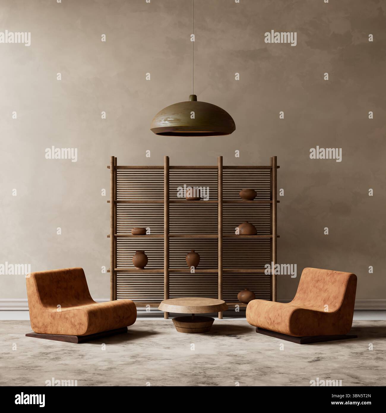 Ein beruhigender, minimalistischer Wohnbereich mit natürlichen Texturen, sanfter Beleuchtung und Erdtönen für eine warme und moderne Ästhetik. 3D-Abbildung Stockfoto