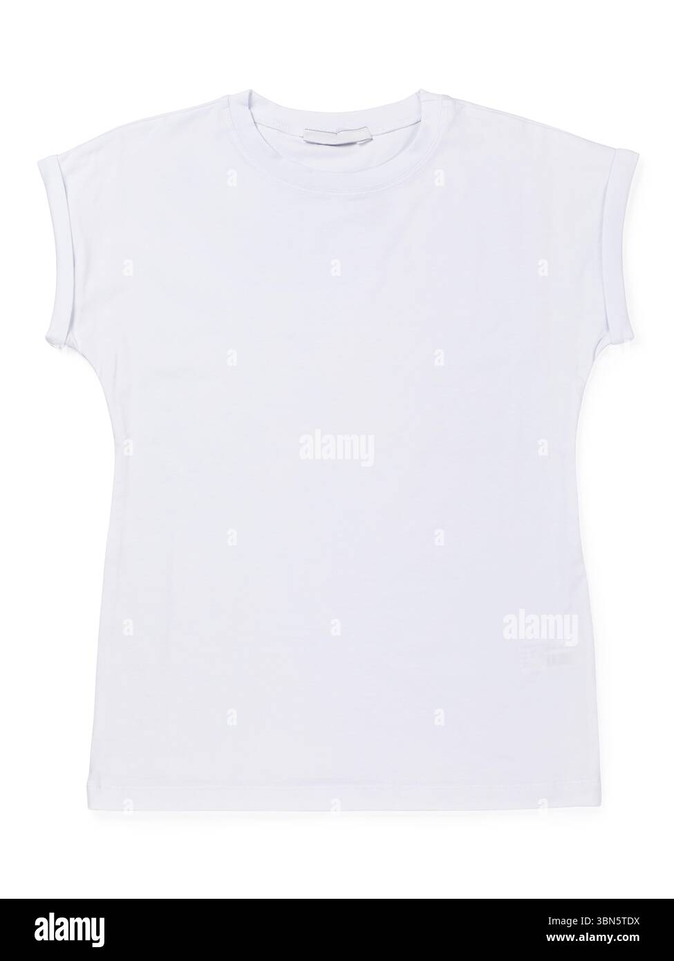 Weißes Kurzarm-T-Shirt für Damen isoliert auf weißem Hintergrund, Draufsicht, Designelement Stockfoto