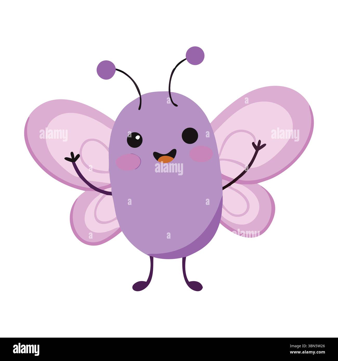 Niedlicher Cartoon Schmetterling - lila Figur mit lächelndem Ausdruck Stock Vektor