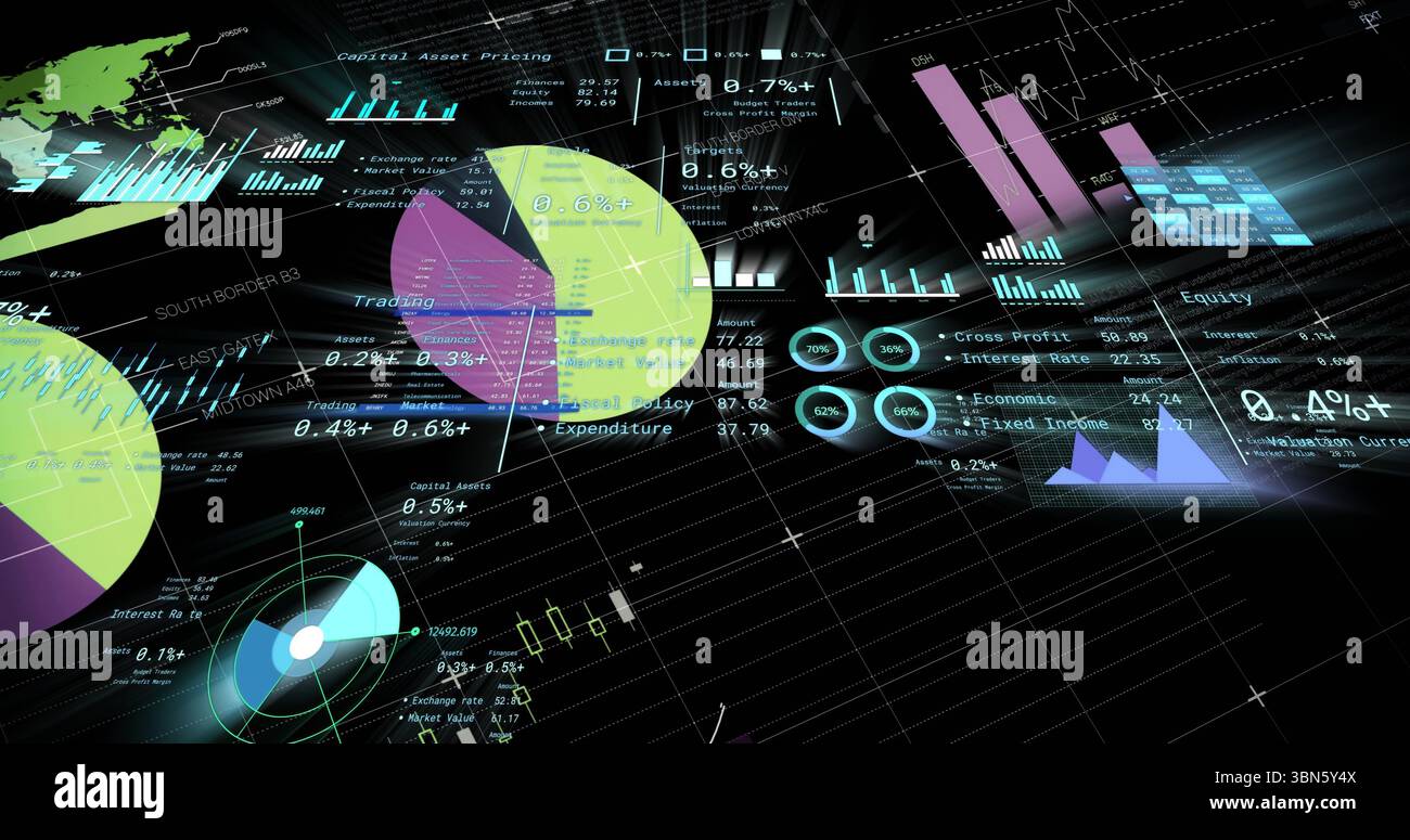 Anzeigen des Finanzdashboards auf der Rasteroberfläche mit Tortendiagrammen Balkendiagrammen Liniendiagrammen Weltkarte Stockfoto