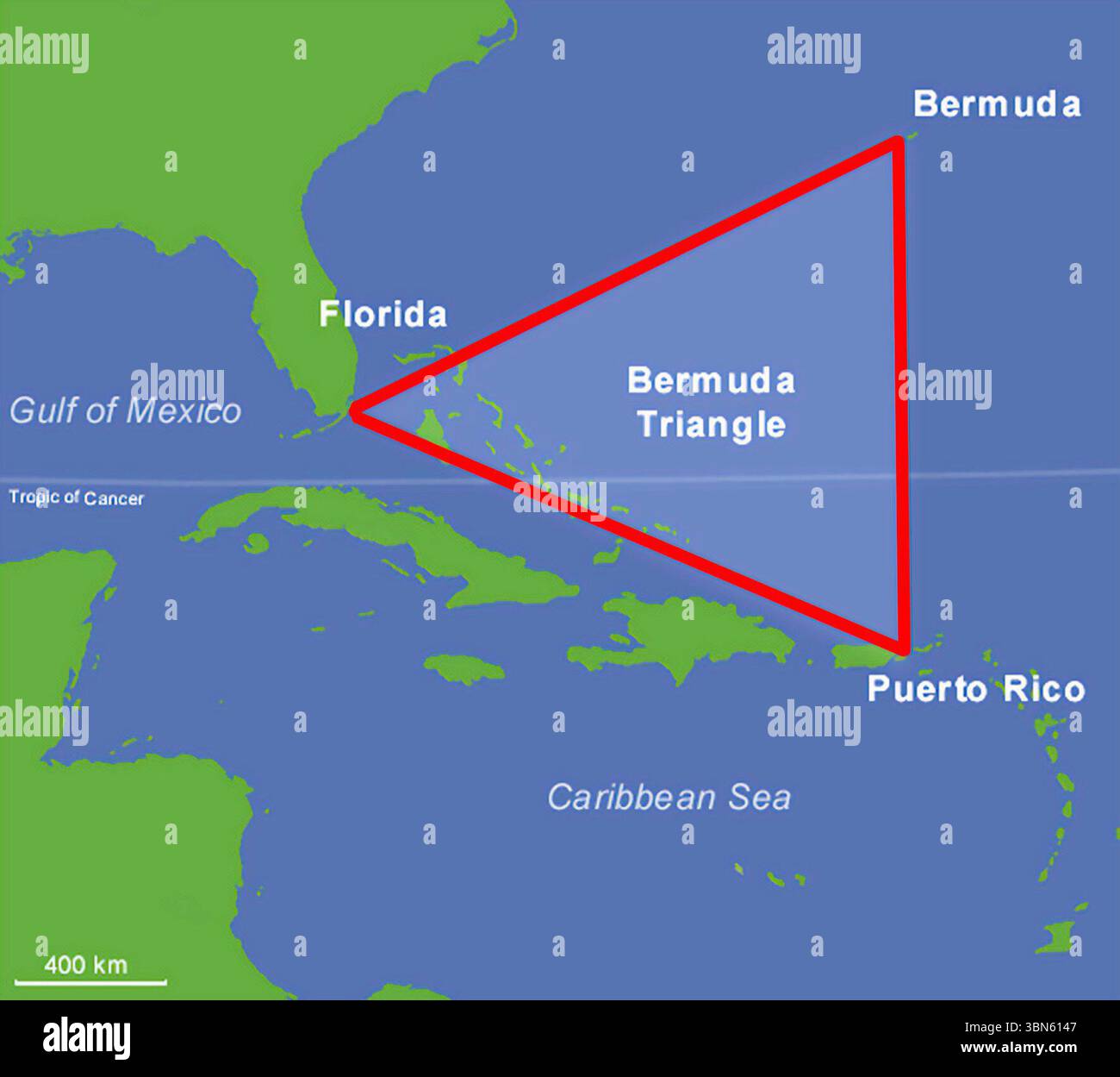 Bermuda-Dreieck. Das Bermuda-Dreieck, auch bekannt als Teufelsdreieck, ist eine lose abgegrenzte Region im Nordatlantik, die etwa von Florida, Bermuda und Puerto Rico begrenzt wird. Seit Mitte des 20. Jahrhunderts steht es im Mittelpunkt einer urbanen Legende, die darauf hindeutet, dass viele Flugzeuge, Schiffe und Menschen dort unter mysteriösen Umständen verschwunden sind (Wikipedia) Stockfoto