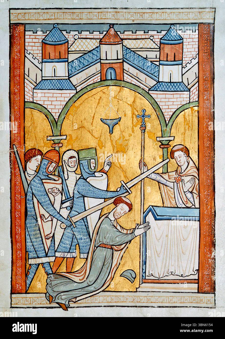 Thomas Becket. Eine Illustration aus dem 13. Jahrhundert, die den Mord an Thomas a Becket zeigt. Der heilige Thomas Becket (1119/1120–1170) war Erzbischof von Canterbury, als er 1170 von den Anhängern König Heinrich II. Von England getötet wurde Stockfoto