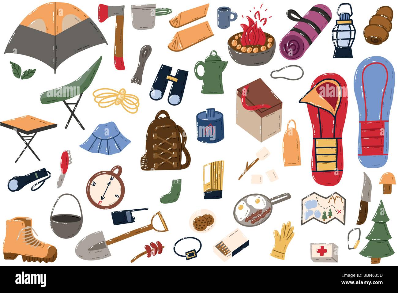 Camping Essentials illustriertes Set mit Ausrüstung und Outdoor-Ausrüstung Stock Vektor
