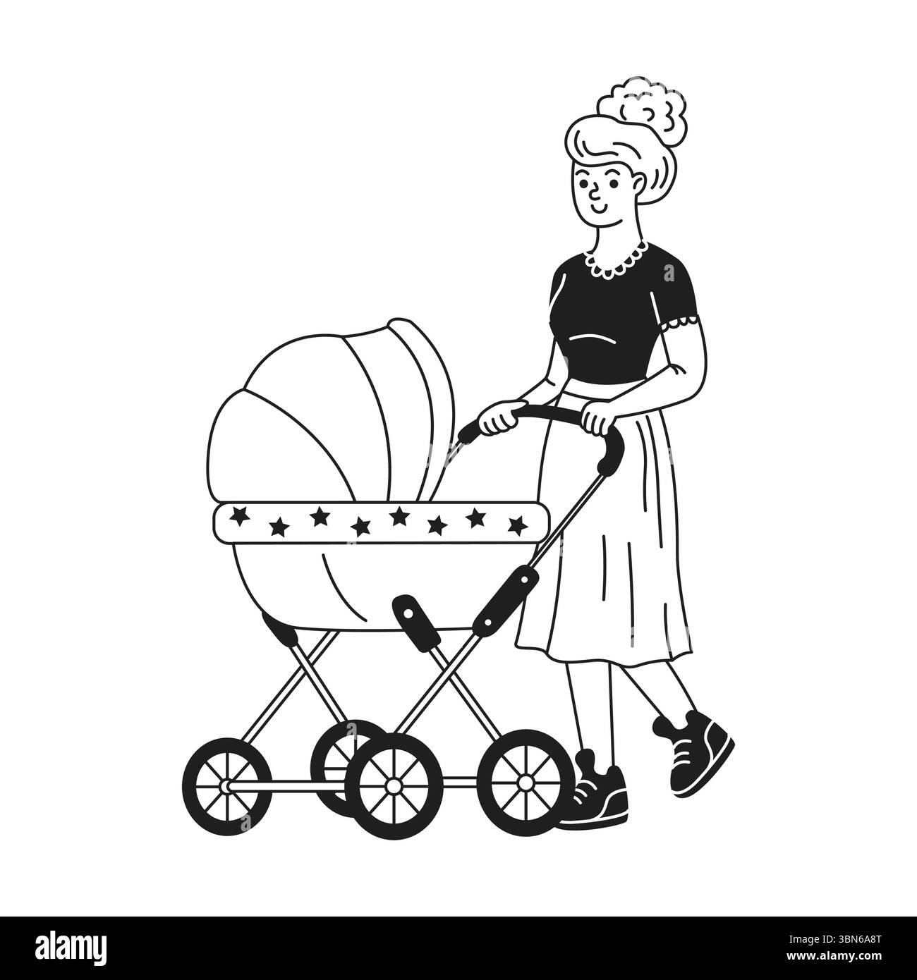 Vintage-Illustration einer Frau, die einen Kinderwagen mit fröhlichem Ausdruck schiebt. Schwarz-weiße Strichgrafik sorgt für nostalgische Atmosphäre. Ideal für Familien Stock Vektor