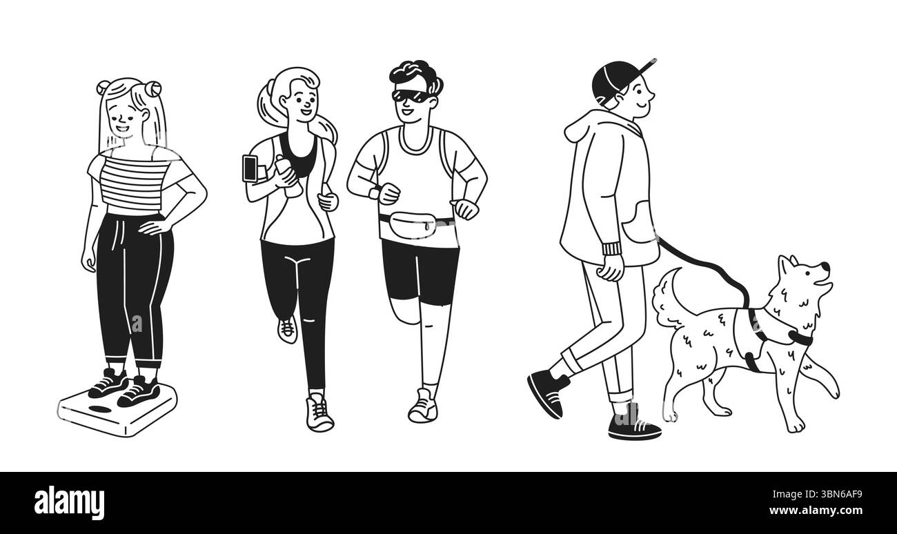Illustration von Zeichentrickfiguren, die Outdoor-Aktivitäten machen. Ein Mädchen steht auf Waage, zwei Leute joggen und ein Mann geht mit seinem Hund. Der Stil ist mi Stock Vektor