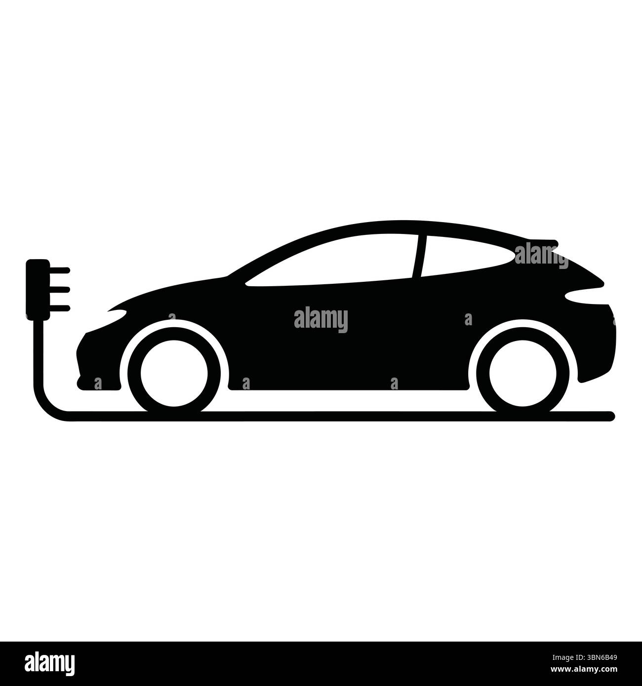 Elektroauto mit Ladestation verbunden, einfaches Symbol. Eine einfache, schwarz-weiße Silhouette eines Elektrofahrzeugs, das an eine Ladestation angeschlossen ist. Stock Vektor