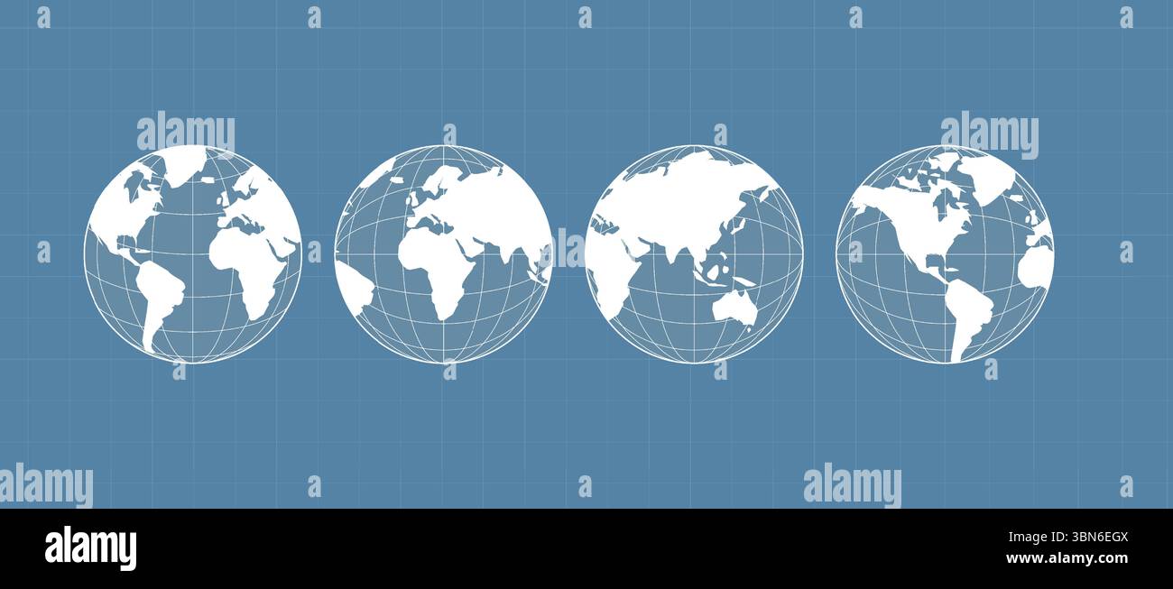 Welt-Kartenset. Globus-Karten für Europa, Asien, Amerika, Ozeanien. Weltkugel-Symbole auf blauem Hintergrund. Erdkugeln. Stock Vektor