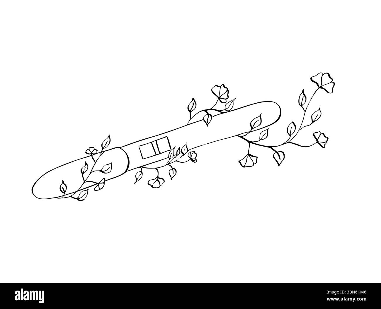 Positiver Schwangerschaftstest umwickelt um blühenden Ast. Handgezeichneter Vektor mit Blumen und Blättern im Frühlingsstil. Symbolische Fruchtbarkeitsskizze für Stock Vektor