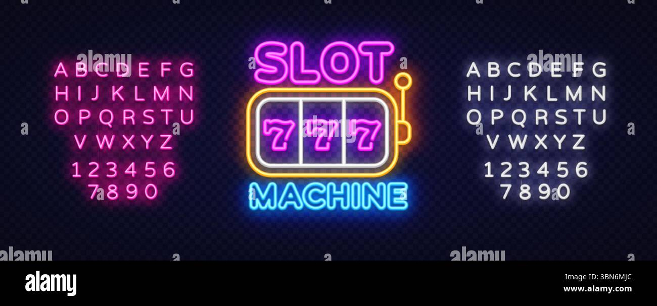 Neon-Schild-Spielautomat mit dreifachen 777 Rollen, seitlichem Hebel und lebendiger Beleuchtung. Vollständige Alphabet-Kollektion in leuchtenden Styles auf beiden Seiten. Stock Vektor