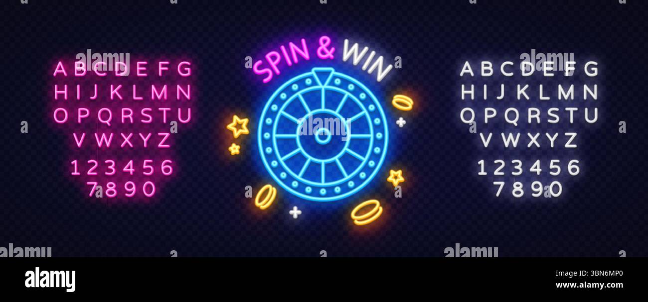 Neon-Zeichen drehen und gewinnen mit Roulette-Rad, fliegenden Münzen und Sternsymbolen. Umgeben von leuchtenden Schriftarten für Werbeaktionen im Casino-Design. Stock Vektor