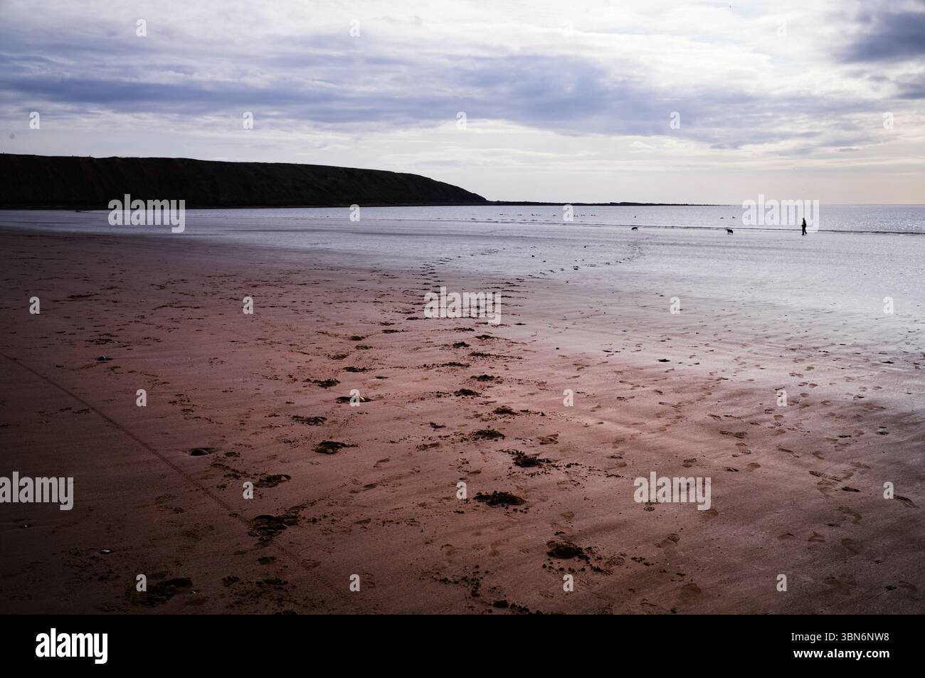 Filey Beach mit Fußspuren, die zum Ufer führen und auf die Brigg blicken Stockfoto