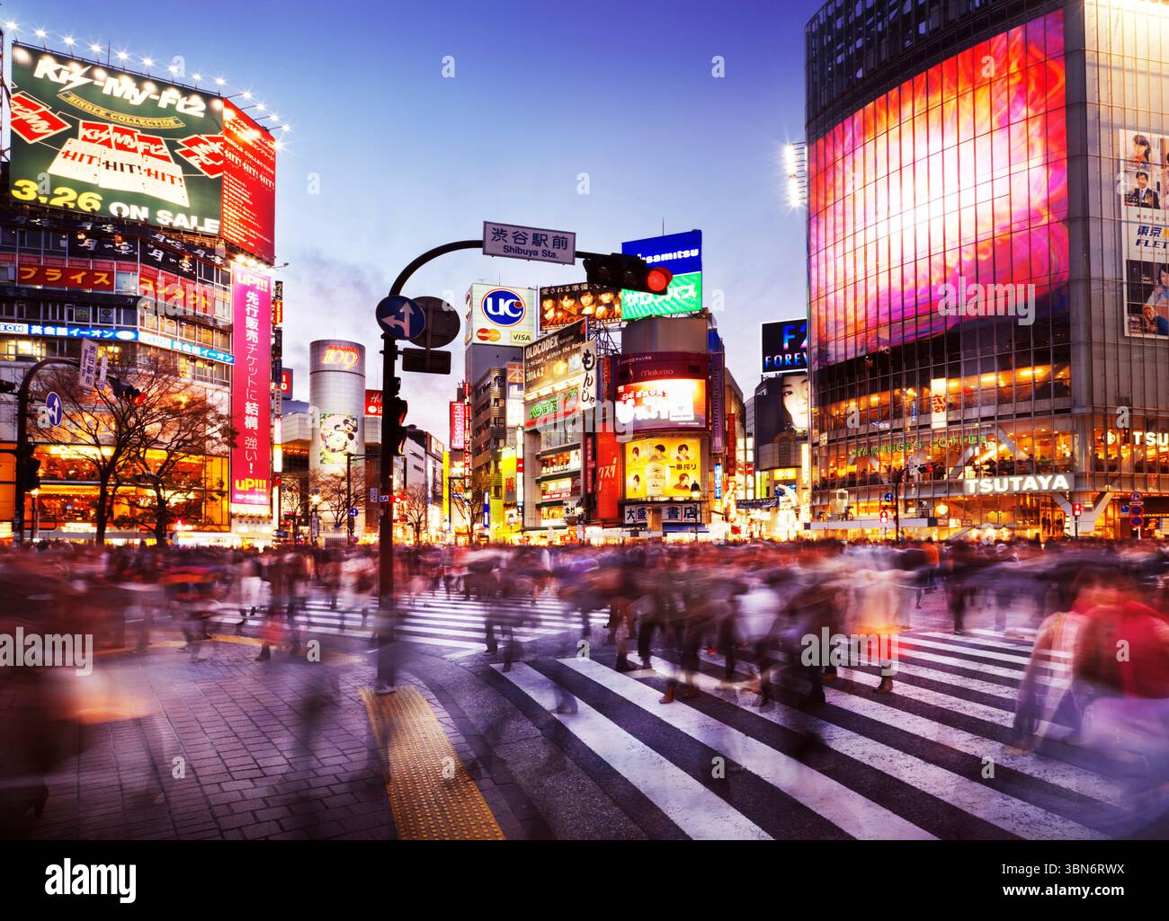 Menschenmenge überquert die Meiji dori Straße an der belebten Kreuzung des Bahnhofs Shibuya, beleuchtet mit bunten Schildern und Anzeigen in der abendlichen Hauptverkehrszeit. Shibuya Tokio Stockfoto