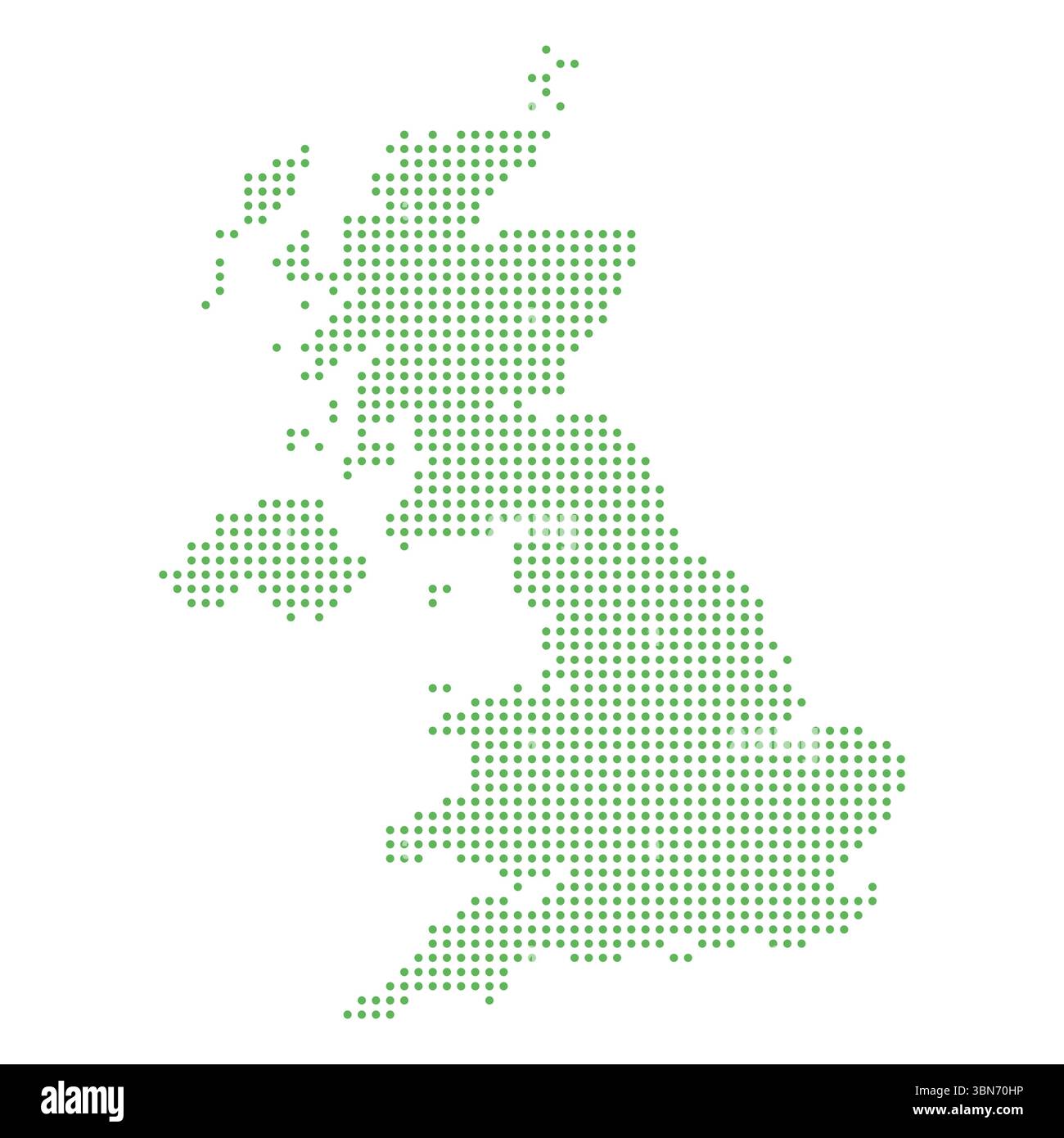 Minimale Vektordarstellung einer grün gepunkteten Karte des Vereinigten Königreichs auf einem sauberen weißen Hintergrund. Perfekt für Infografiken und Präsentationen. Stock Vektor