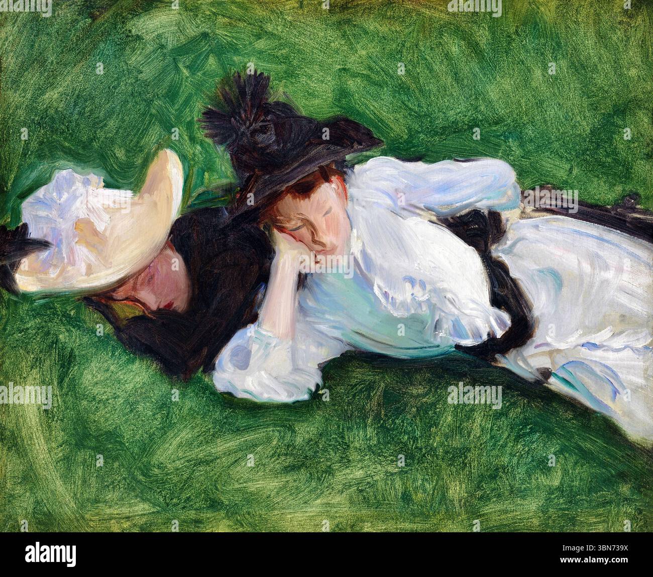John Singer Sargent - zwei Mädchen auf einem Rasen (ca. 1889), Aquarellmalerei, Außenporträt, spielende Kinder, naturalistische Szene Stockfoto