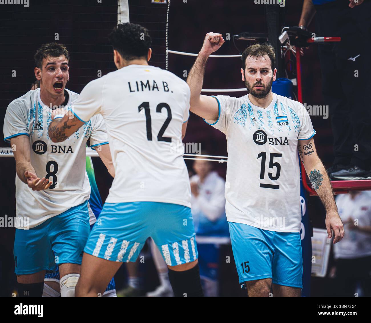 Slowenien gegen Argentinien während des FIVB Volleyball Nations League 2024 Männerspiels am 28. Juni in Łódź, Polen. Stockfoto