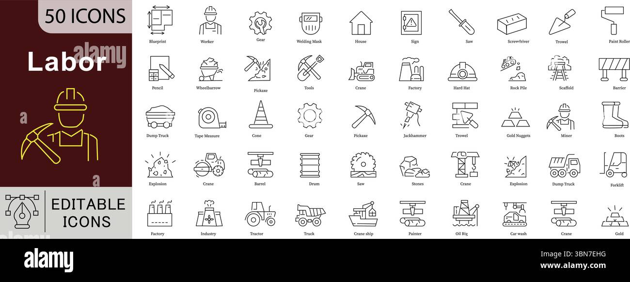 Arbeitszeilen-Symbole: Vektorset für Arbeiter, Bergbau, Bau und Werkzeuge. Stock Vektor