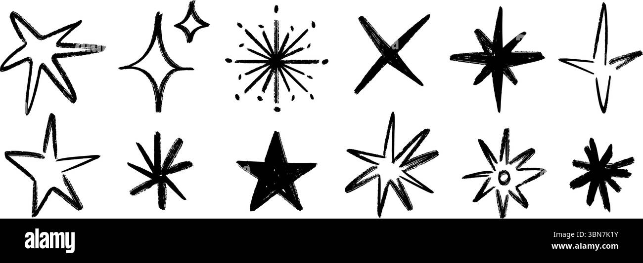 Buntstift handgezeichnete Sterne und Funkeln Set. Kindliche Doodled Sparks Kollektion. Grinsen mit rauem Pinselstrich, Glanzelement-Paket für Collage, Poster, Aufkleber, Etikett. Schwarze Bleistift skizzierte Symbole. Vektor Stock Vektor