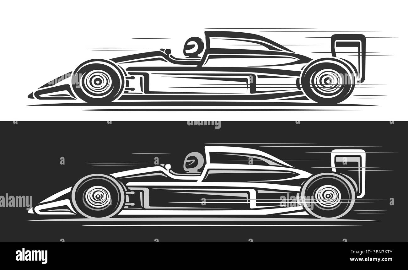 Vektor-Logo für Formel-1-Rennwagen, Automobil-Banner mit monochromer Handzeichnung Illustration des Sportkonzepts Auto in Bewegung, Kunstwerk der laufenden Form Stock Vektor