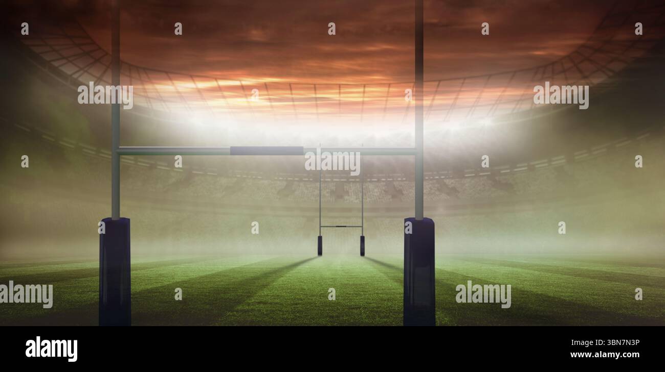 Der einsame H-förmige Torpfosten steht auf dem Spielfeld des Rugby-Stadions unter einem flachen Dach mit Flutlicht Stockfoto