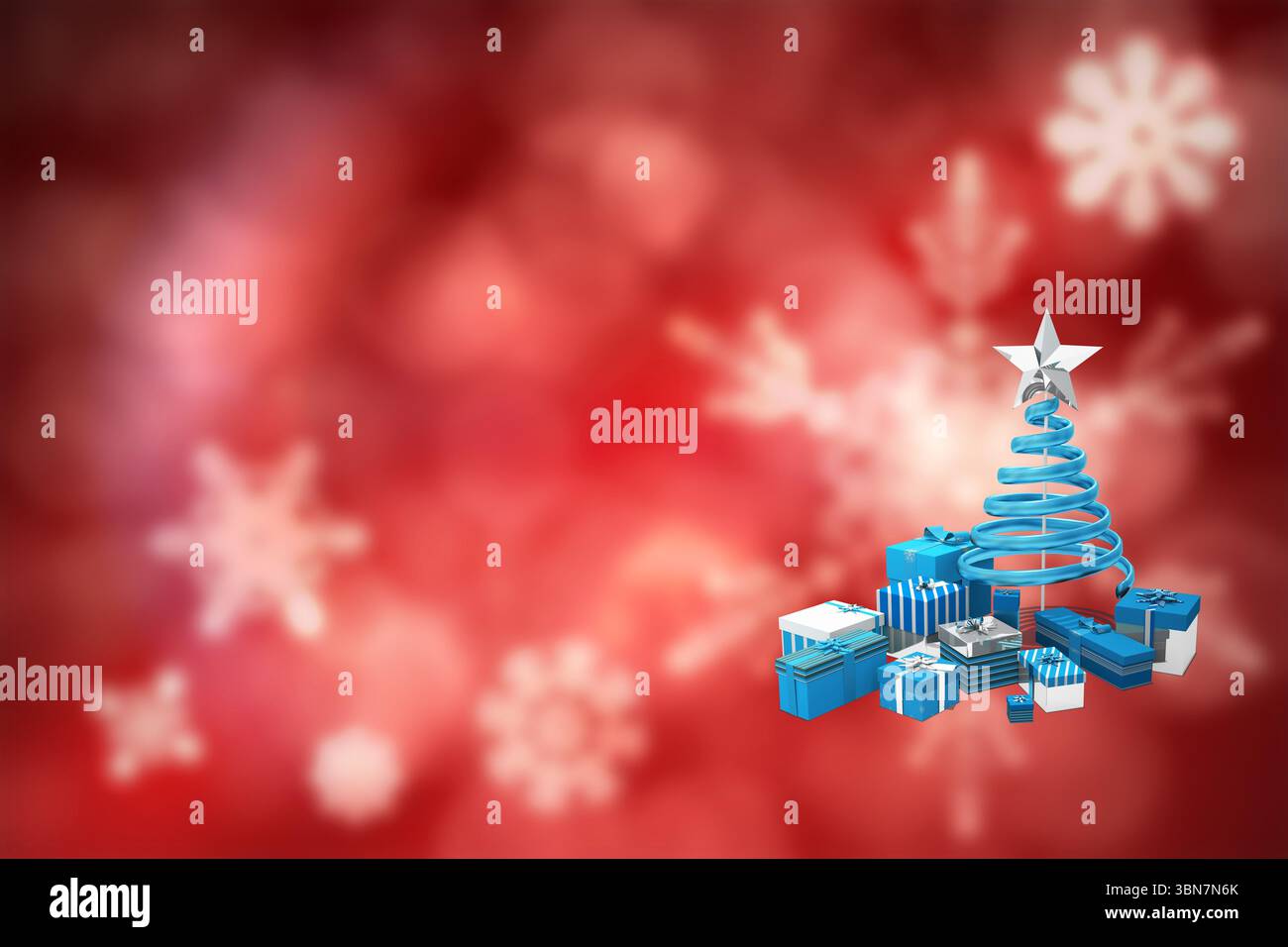 Weihnachtsbaumform auf roter Schneeflocke Stockfoto