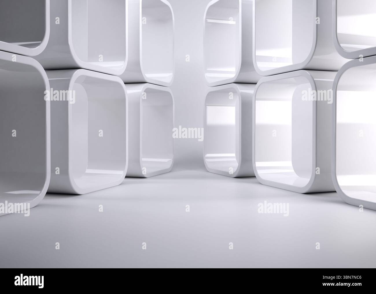 Futuristisch minimalistischer Raum mit glänzend weißen Ablagefächern mit abgerundeten Kanten, die die Wände säumen Stockfoto