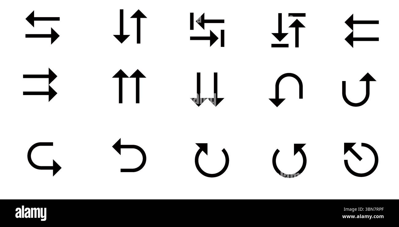 Bidirektionale & gekrümmte Pfeillinie – Schwarzweiß gerichtete UI-Elemente Stock Vektor
