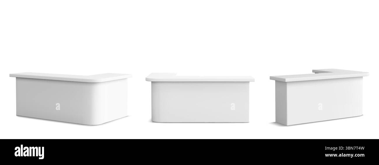 Rezeptionstische: Weiße, moderne Schreibtische für Büro, Hotellobby oder Geschäft. Gekrümmte rechteckige Formen mit glatten Kanten, leerer Arbeitsfläche und Vorderseite. 3D-Modell aus verschiedenen Winkeln. Stock Vektor