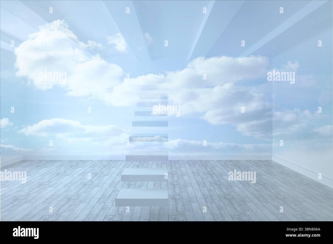Schwebende, durchscheinende Stufen steigen über hellgrauem Holzboden in den blauen Himmel in flachem Design Stockfoto