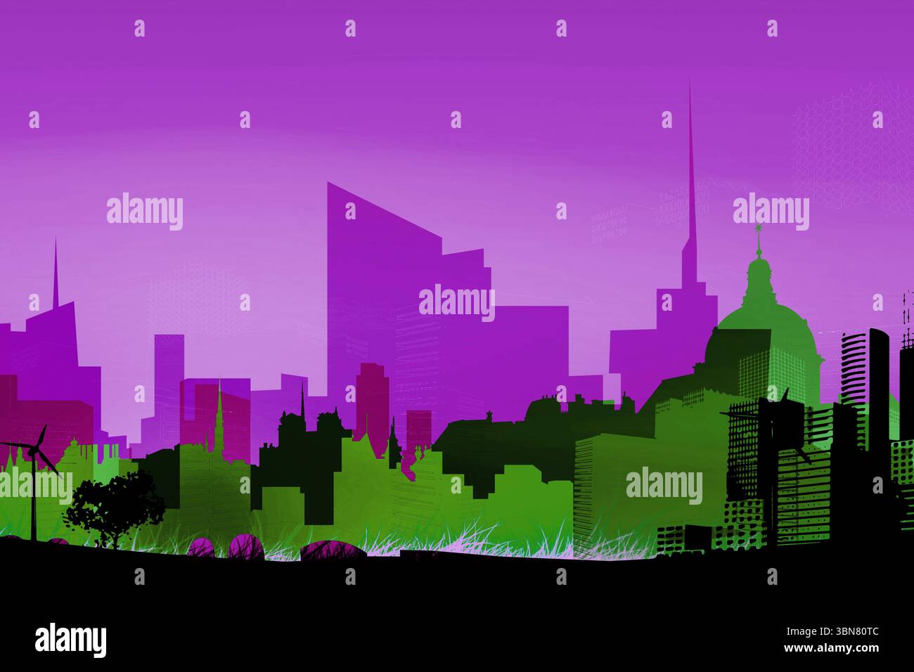 Mit flacher Skyline mit Windkraftanlagen-Vegetation grüne Hochhäuser mit violetten Türmen vor violettem Himmel Stockfoto