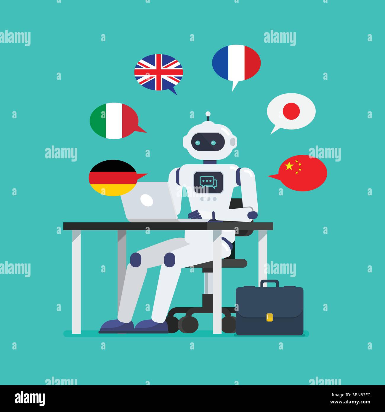 Android Translator arbeitet an einem Laptop am Schreibtisch. Vektorabbildung Stock Vektor