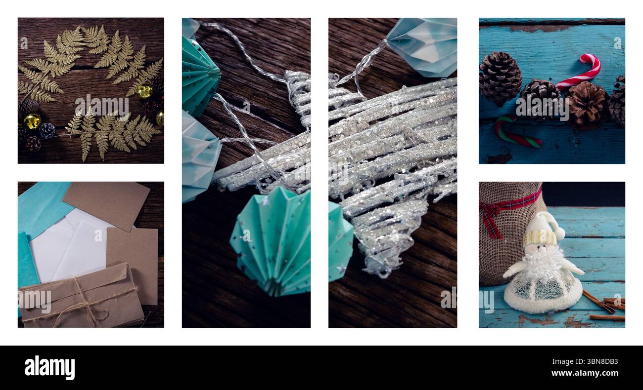 Auf der Holzplatte sitzt ein flaches Design-Feiertagshandwerk mit silbernem Stern und blauem Origami-Papier Stockfoto