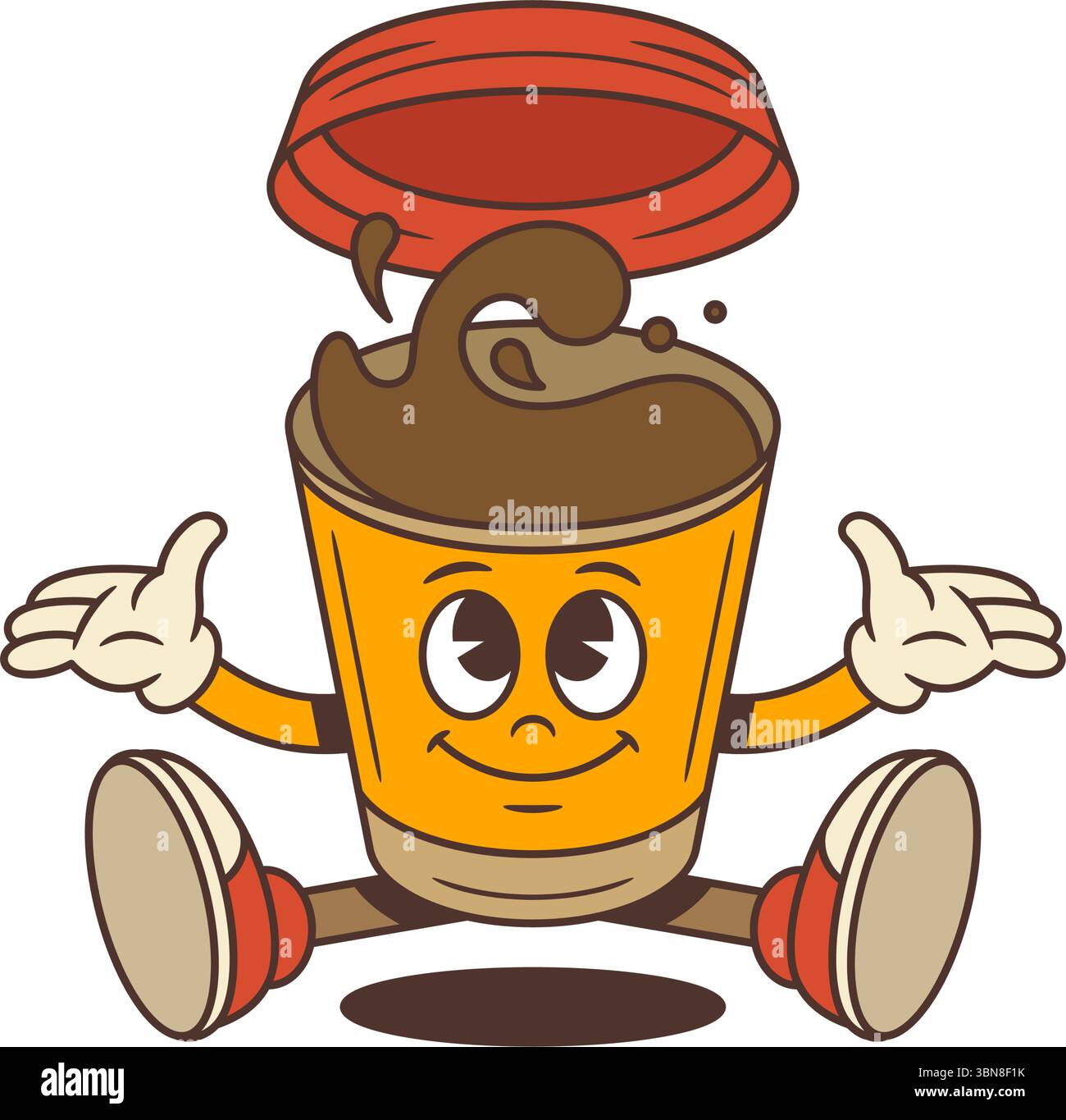 Lustige Kaffeefigur, die auf dem Boden sitzt, mit offenen Armen und fröhlichem Ausdruck. Der schwebende Deckel und das wirbelnde Spritzen sorgen für verspielte Energie. Perfekt für BHs Stock Vektor