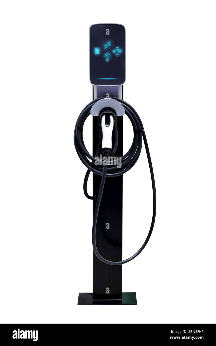 Stromkabel Pumpenstecker zur Ladestromversorgung für Elektrofahrzeug EV-Auto für den Einsatz zu Hause. Isoliert auf weißem Hintergrund Stockfoto