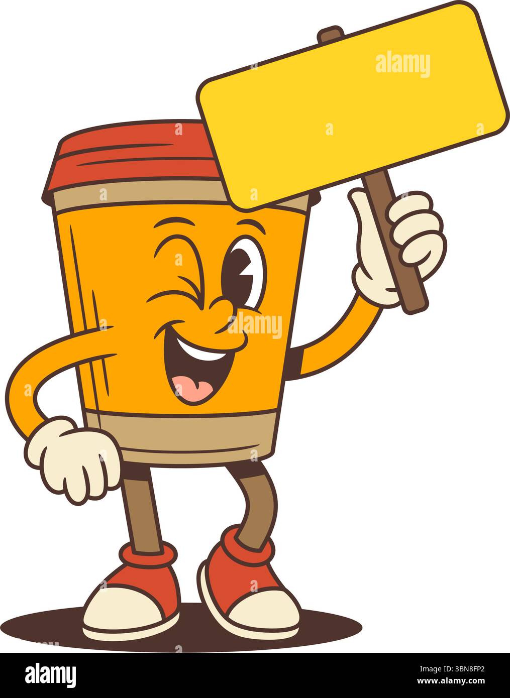Lächelndes orangefarbenes Kaffeetassen-Maskottchen, das blinkend und ein leeres gelbes Schild für benutzerdefinierten Text hält. Geeignet für Café-Werbeaktionen, Branding und Werbematerialien Stock Vektor