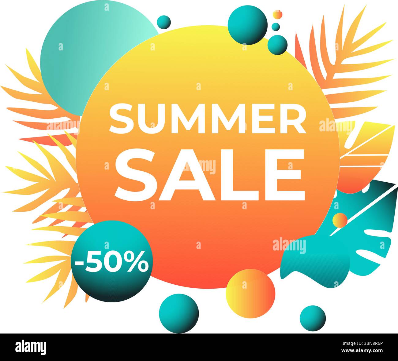 Helle Sommer-Banner mit tropischen Blättern, geometrischen Formen und Rabattetiketten. Farbenfrohes Vektordesign mit Verläufen, perfekt für Werbeaktionen, soziale Medien, Anzeigen und Shop-Kampagnen Stock Vektor