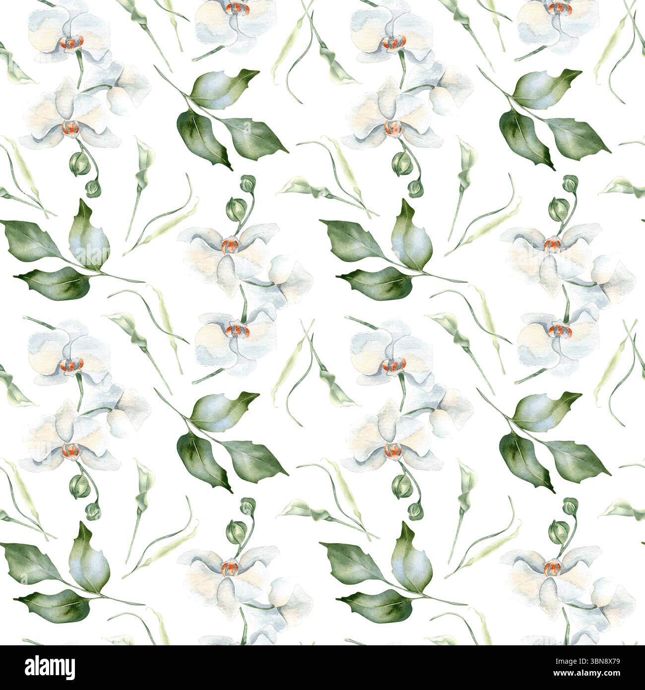 Nahtloses Blumendesign in Pastellfarben mit stechpalmen, Orchideenblüten und weichen Blättern in handgemalten Aquarellen. Weiße Blüten wiederholtes Muster für Stockfoto